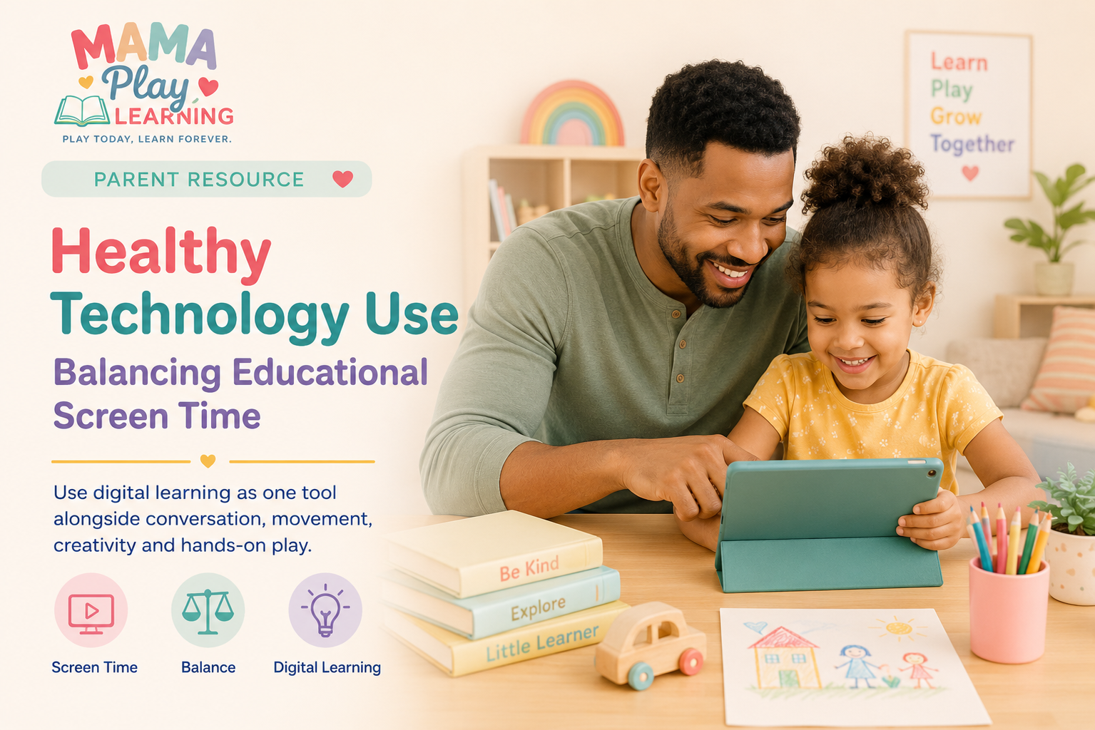 Father and daughter using an educational tablet together