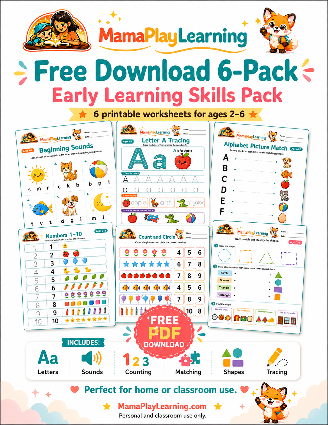 Preview of the MamaPlayLearning early learning worksheet pack