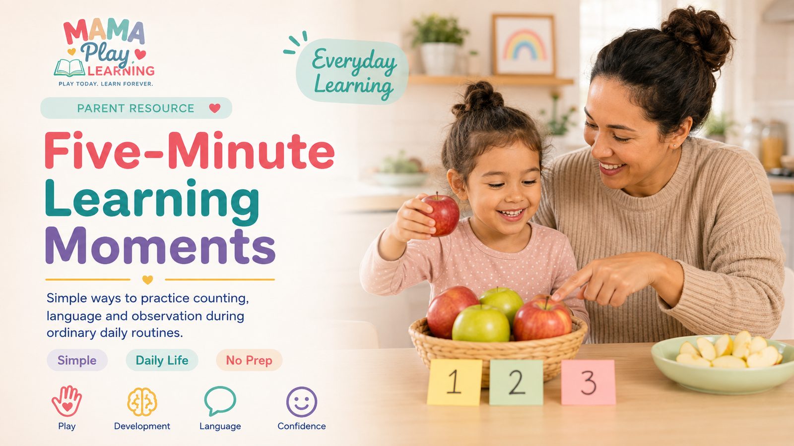 Parent and child practicing counting with apples during an everyday learning moment