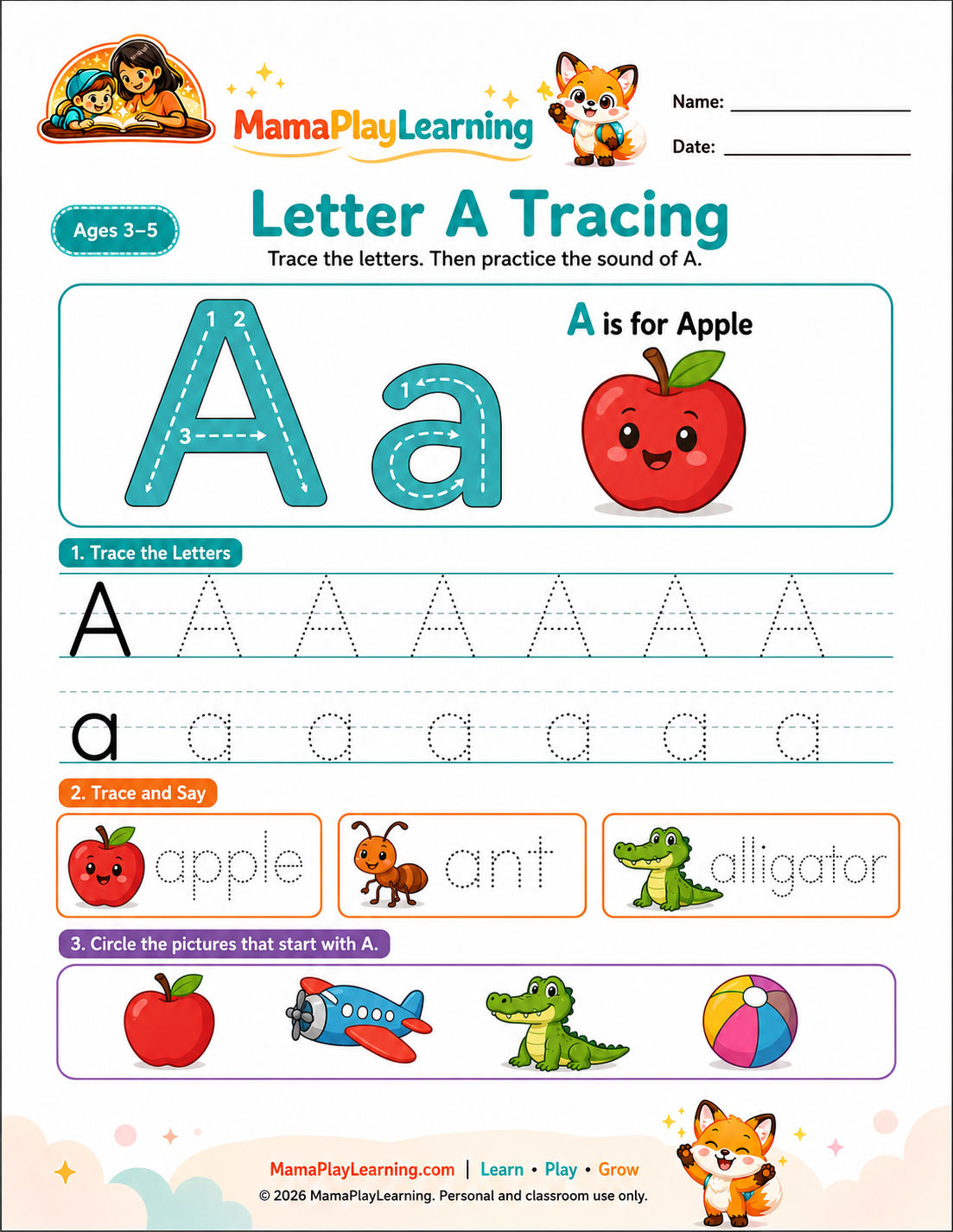 Letter A tracing worksheet preview
