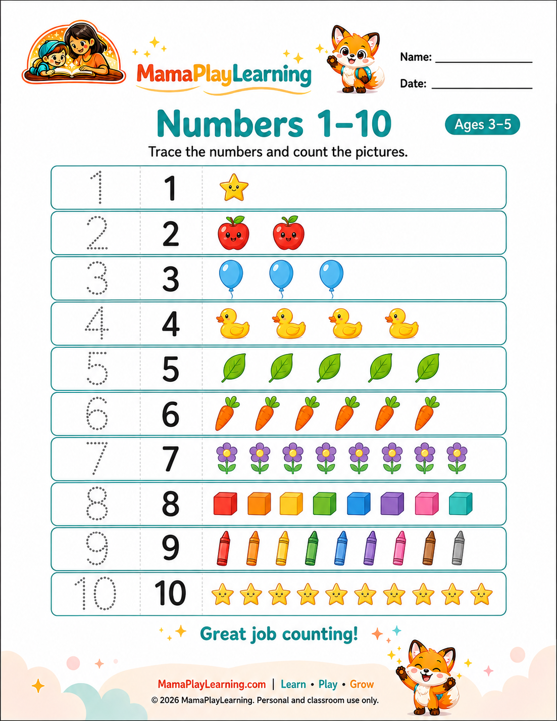 Numbers 1 to 10 worksheet preview